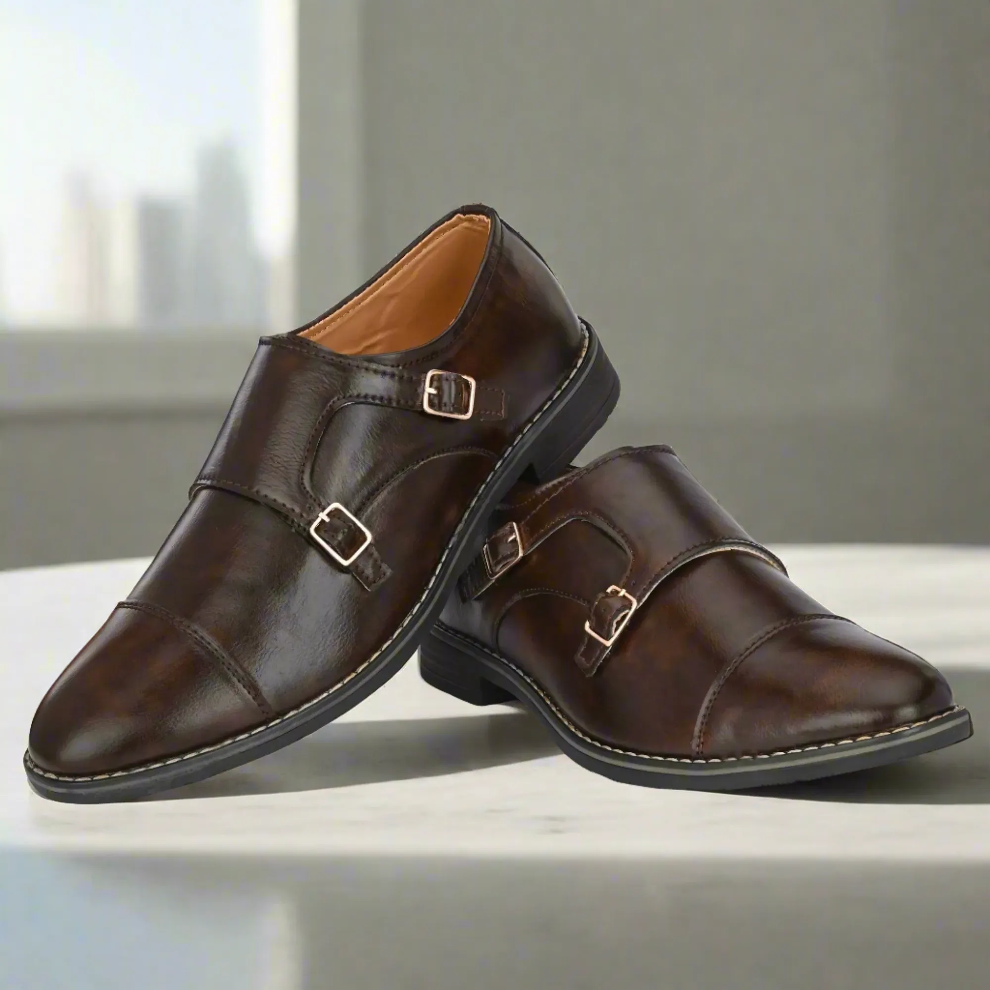 Attitudist Unisex Handcrafted Brown Double Monk Strap Formal Loafer Shoes With Cap Toe