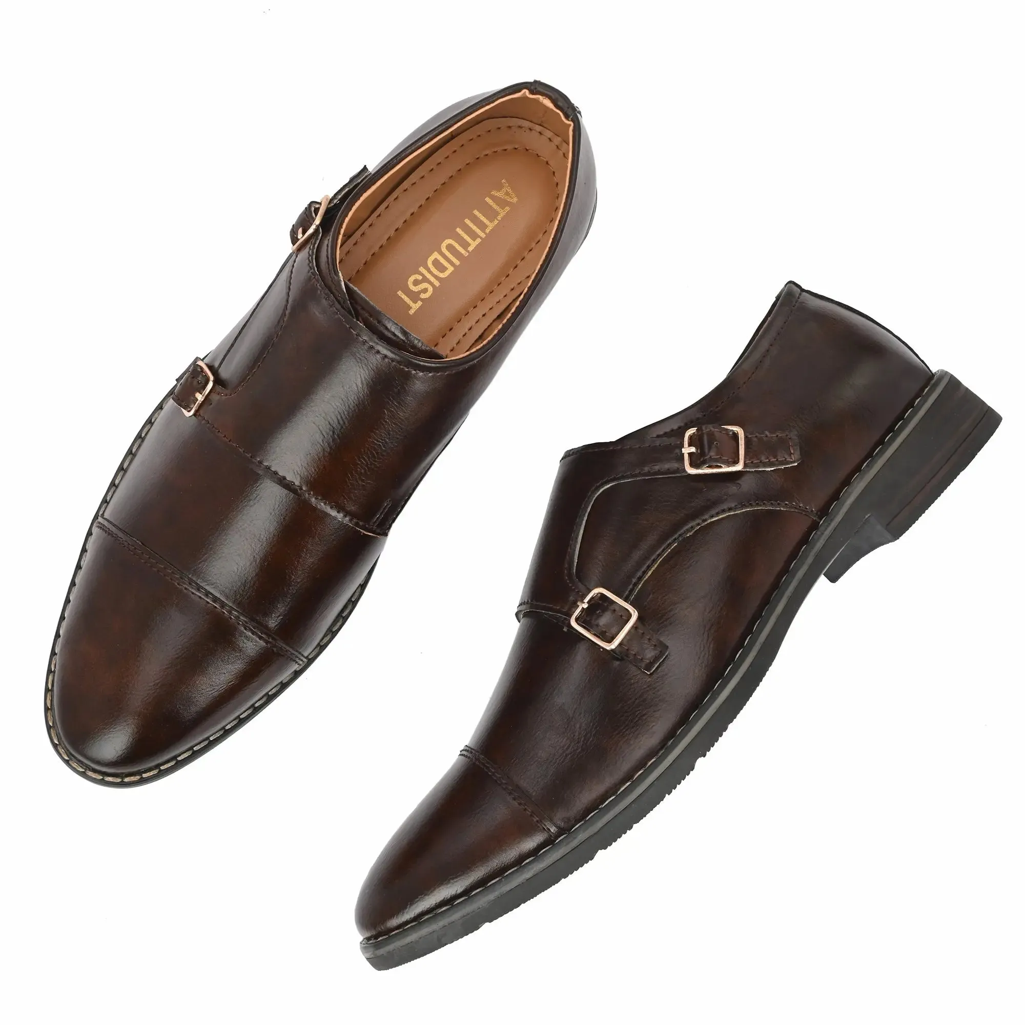 Attitudist Unisex Handcrafted Brown Double Monk Strap Formal Loafer Shoes With Cap Toe