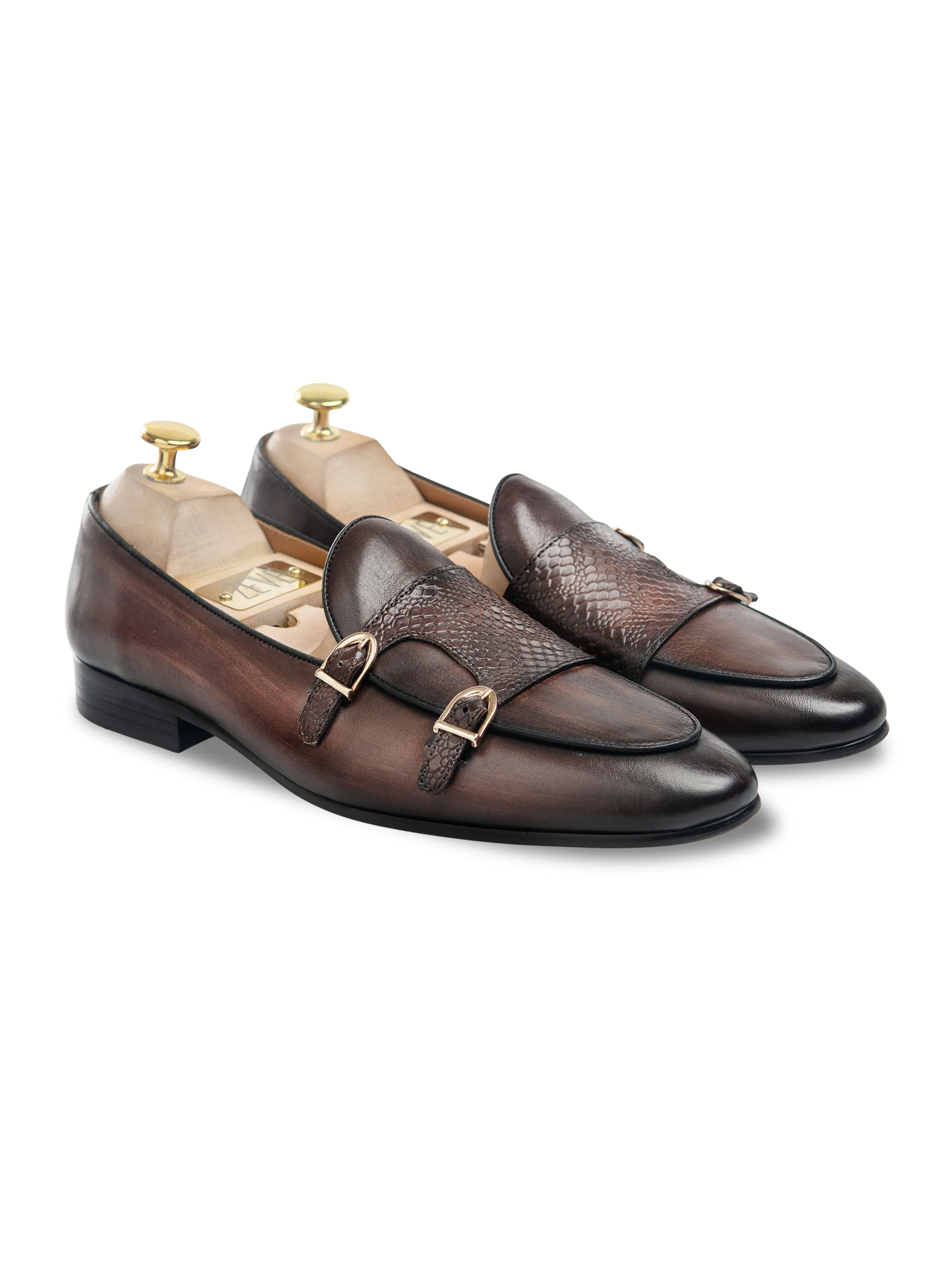 Belgian Loafer - Dark Brown Snake Skin Double Monk Strap (Hand Painted Patina)