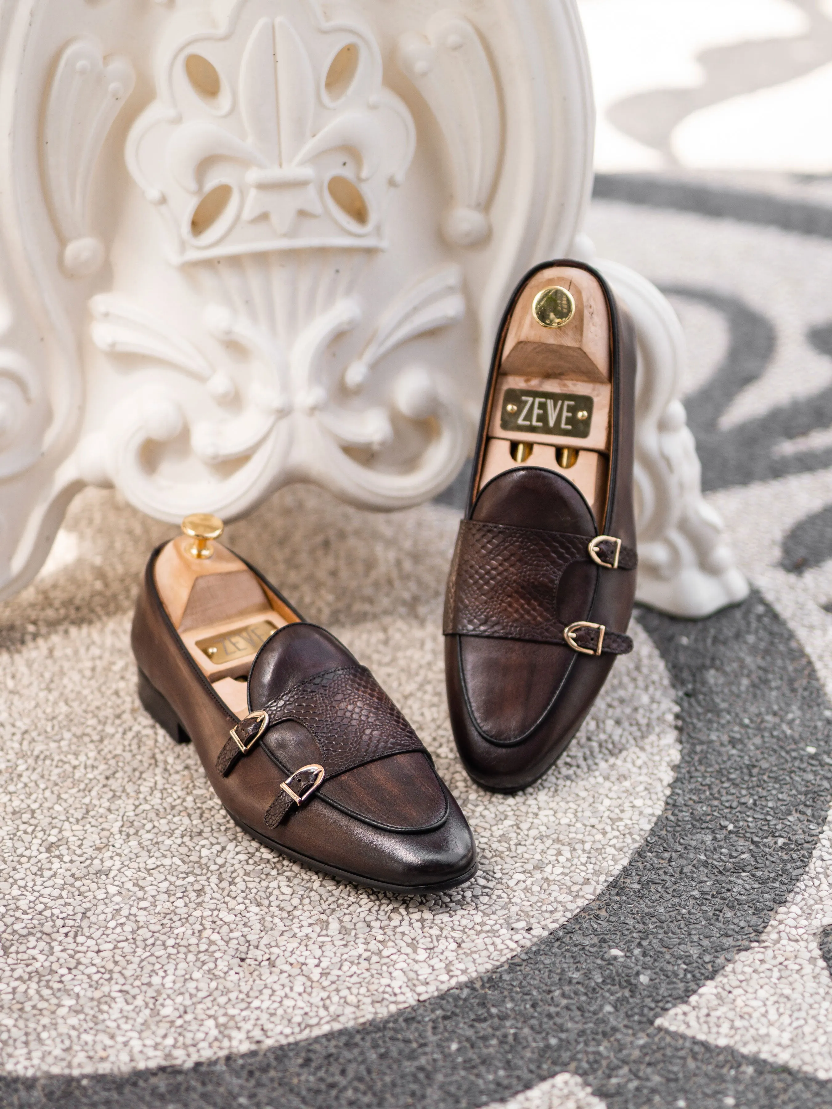 Belgian Loafer - Dark Brown Snake Skin Double Monk Strap (Hand Painted Patina)