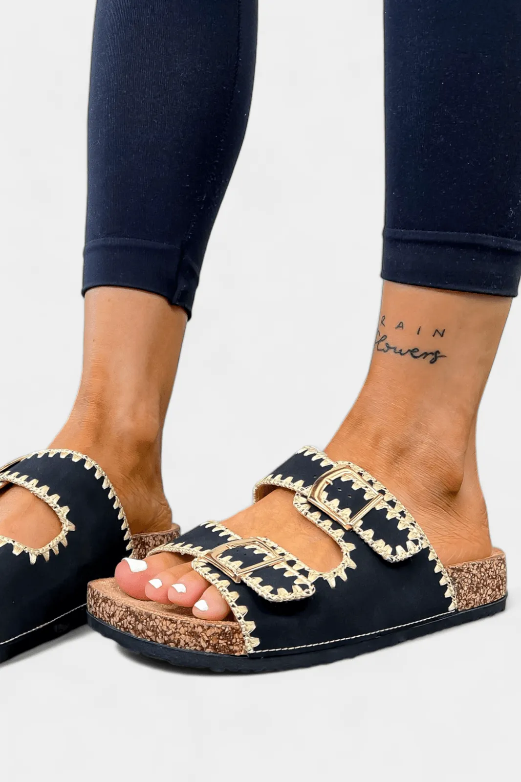 Black Knit Trim Slip On Sandal