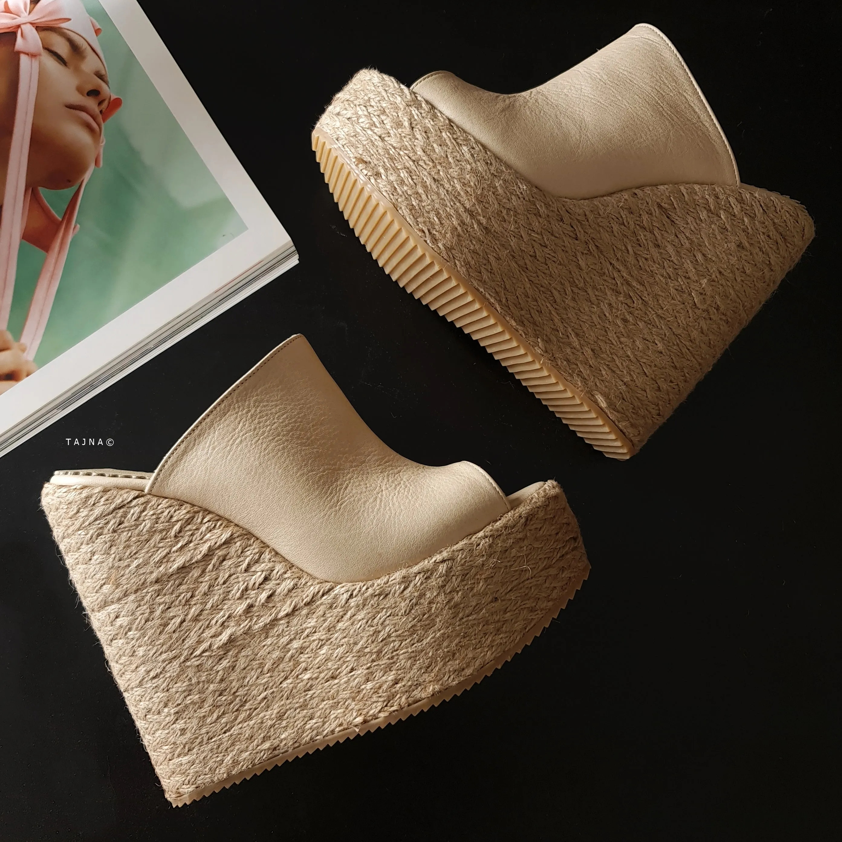 Cream Genuine Leather Espadril Heel Wedge Mules