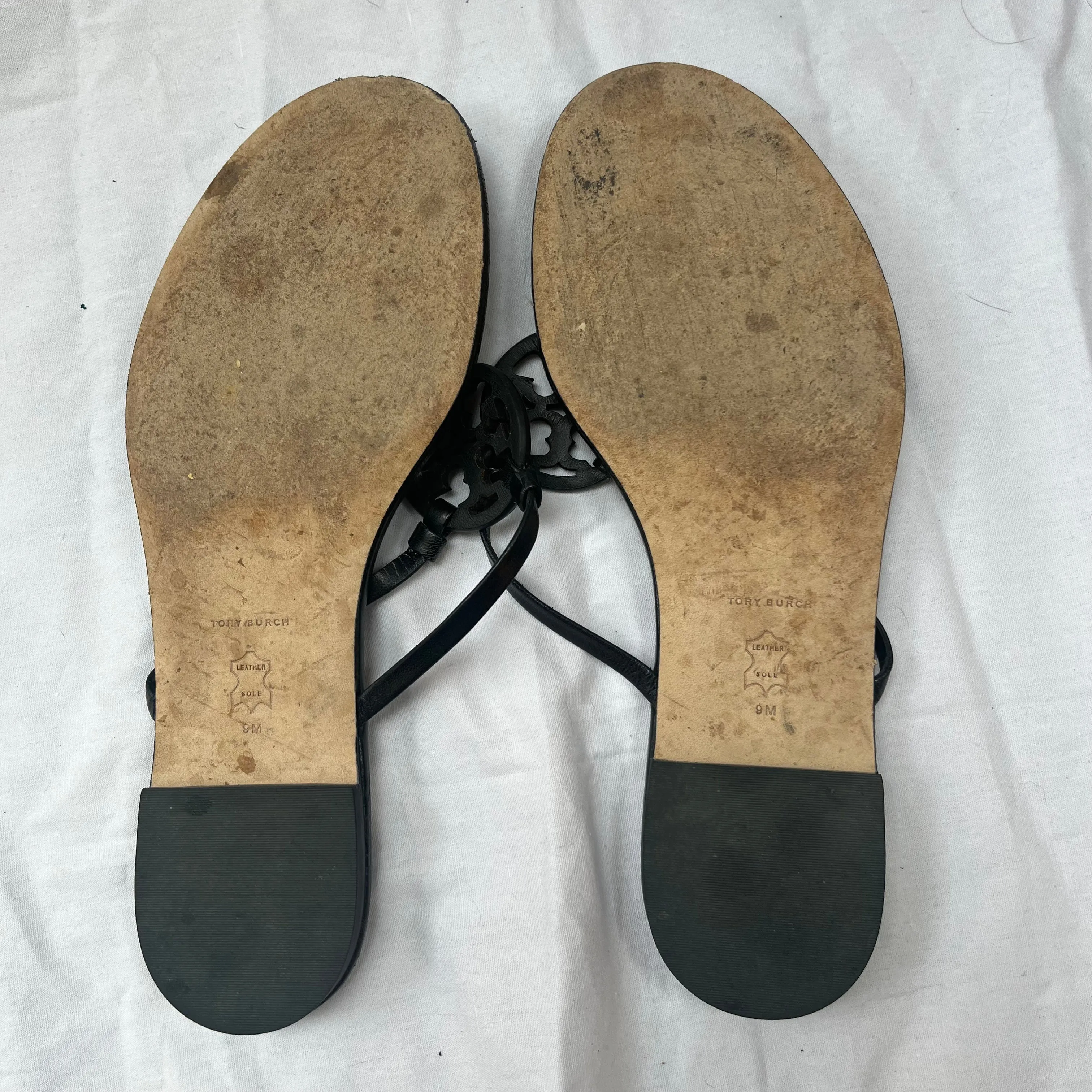 Tory Burch Black Leather Thong Flat Sandals 39