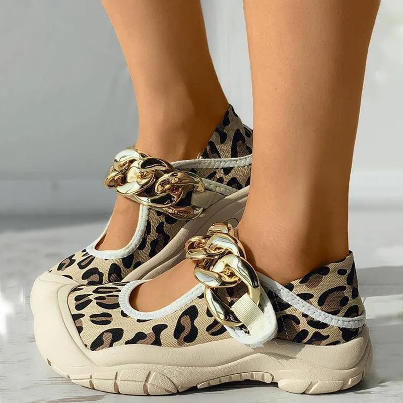 Women's Fashion Casual Canvas Animal Print Chain Magic Tape Flat Shoes